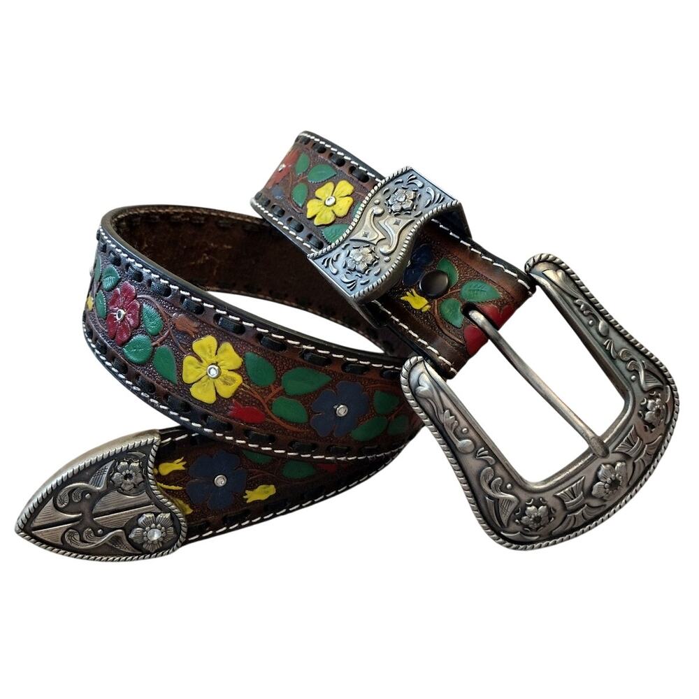 Vintage Brown Leather Painted Floral Tooled Silver-Tone Western Belt Women's 28"